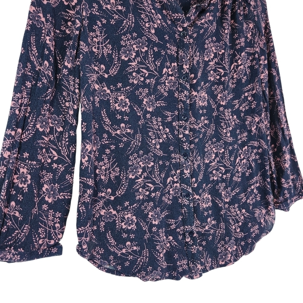 Hinge Navy Blue & Pink Floral Cottagecore Button-Front Blouse 3/4 Sleeve Size XS - Picture 4 of 10